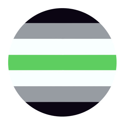 a circle with the stripes of the agender pride flag - black, silver, white, green, white, silver, black - on it.